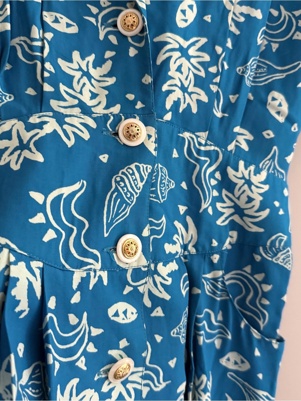 Vintage Seashell Tropical Print Blue Summer Midi Dress - Picture 6 of 7